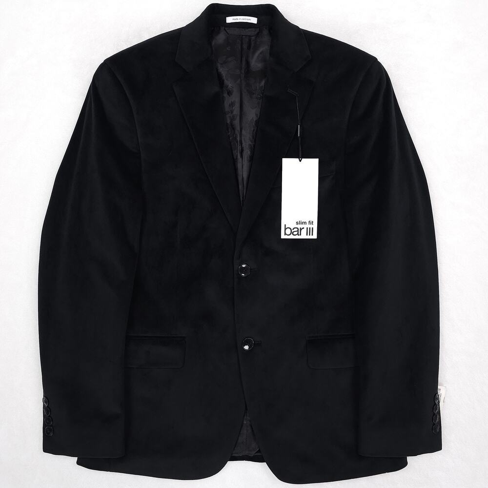 Bar III Mens Slim Fit Velvet Sport Coat Blazer 36R Black Solid NWT